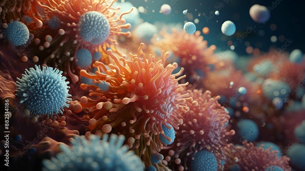 A close-up view of vibrant, spiky and spherical shapes in a microscopic landscape, resembling a fascinating and colorful microbial world. A close-up view of vibrant, spiky and spherical shapes in a microscopic landscape, resembling a fascinating and colorful microbial world.
