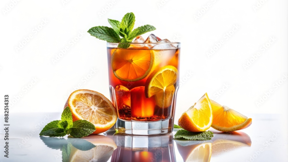 Fototapeta premium A glass of tea with a slice of lime and lemon on the side