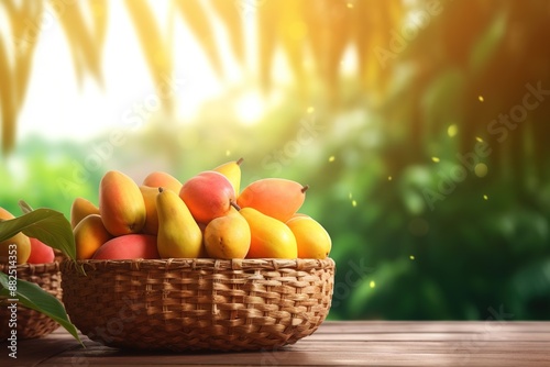 Mango fruit in weaving basket on wooden