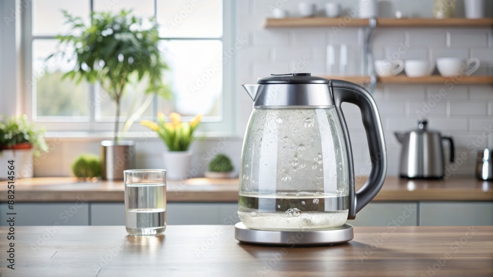A glass of water sits next to a tea kettle on a wooden table A glass of water sits next to a tea kettle on a wooden table