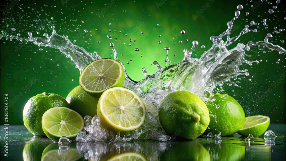 Fresh limes water explosion in a deep green background, lime, citrus, fruit, water, splashing, refreshing, green, vibrant Fresh limes water explosion in a deep green background, lime, citrus, fruit, water, splashing, refreshing, green, vibrant