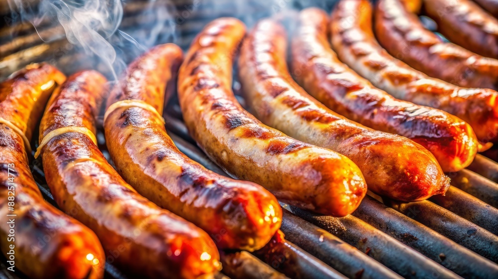 A row of hot dogs are cooking on a grill