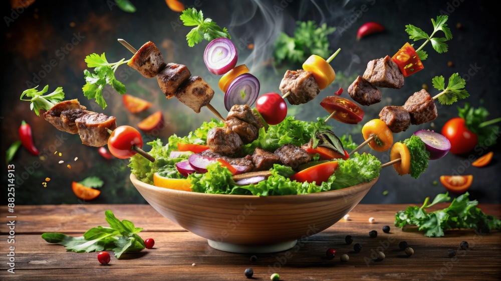 A bowl of food with meat, vegetables, and fruit A bowl of food with meat, vegetables, and fruit
