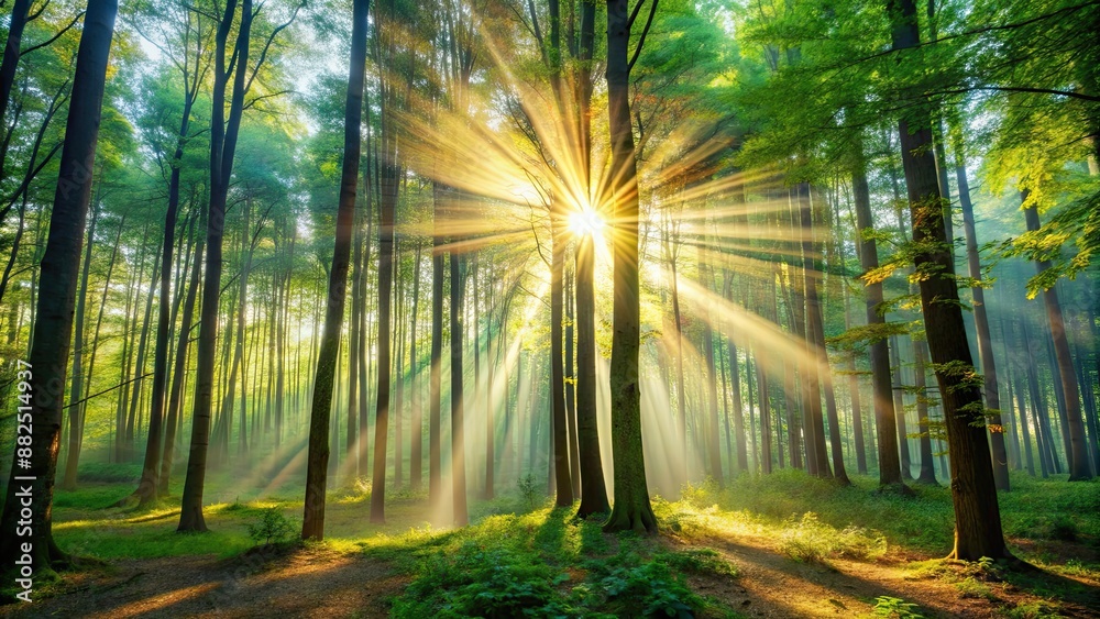 Sun rays streaming through dense trees in a peaceful forest, Sunlight, Trees, Nature, Forest, Woods, Scenic, Serene, Calm Sun rays streaming through dense trees in a peaceful forest, Sunlight, Trees, Nature, Forest, Woods, Scenic, Serene, Calm