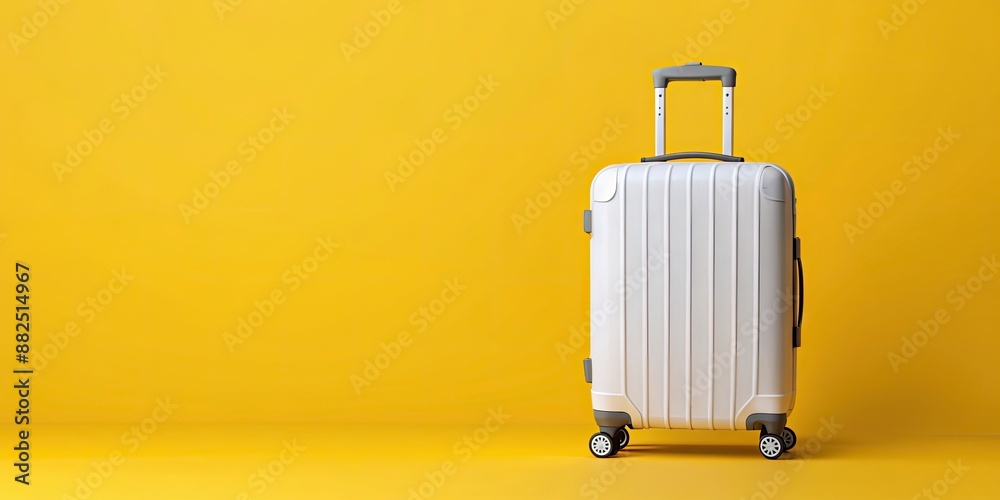 White travel suitcase with four wheels isolated on yellow background, travel, luggage, suitcase, white, four wheels, isolated White travel suitcase with four wheels isolated on yellow background, travel, luggage, suitcase, white, four wheels, isolated