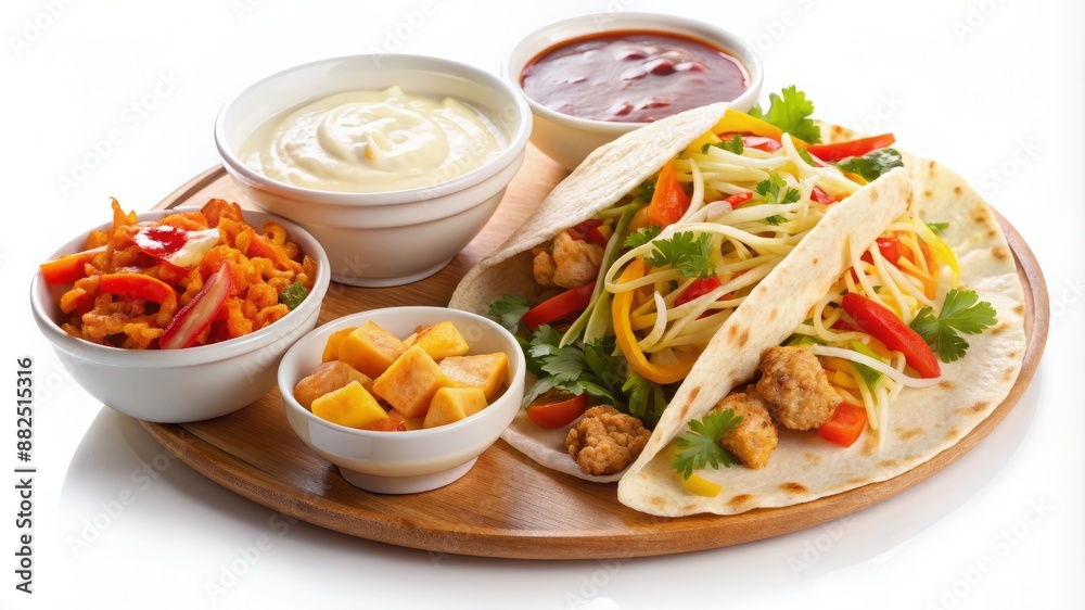 A tray of food with a variety of dishes including tacos, a bowl of guacamole