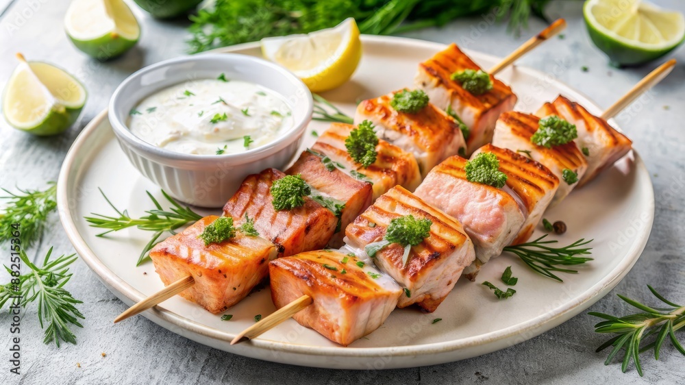 A plate of skewers with vegetables and a bowl of sauce A plate of skewers with vegetables and a bowl of sauce