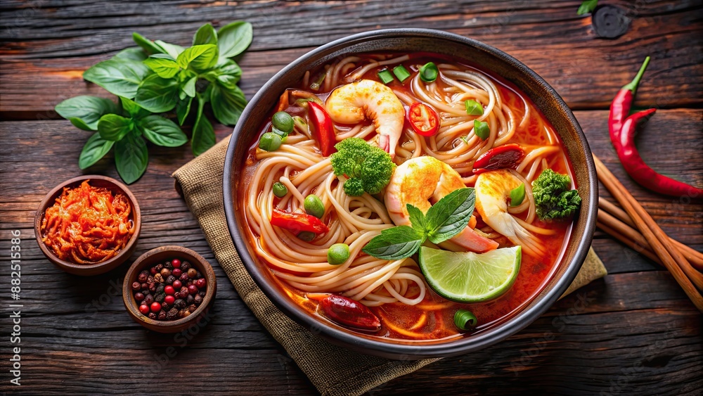 Spicy Johor Laksa served in a ceramic bowl with vibrant red broth, noodles, shrimp, and herbs, Malaysian, Laksa, Spicy, Soup Spicy Johor Laksa served in a ceramic bowl with vibrant red broth, noodles, shrimp, and herbs, Malaysian, Laksa, Spicy, Soup