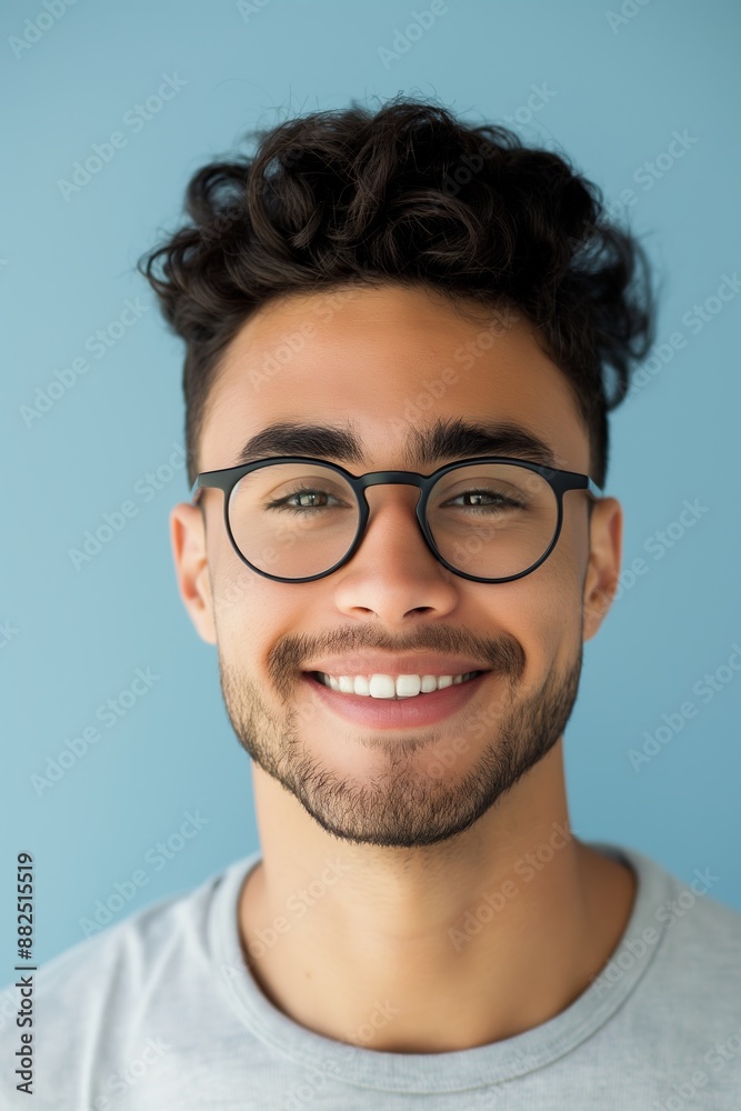 Young man with curly hair and glasses smiles happily on a blue background, radiating positivity and joy Young man with curly hair and glasses smiles happily on a blue background, radiating positivity and joy