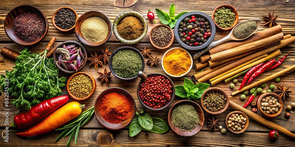 Various spices and herbs on a rustic wooden table, cooking, flavor, ingredients, seasonings, culinary, food, aromatic Various spices and herbs on a rustic wooden table, cooking, flavor, ingredients, seasonings, culinary, food, aromatic