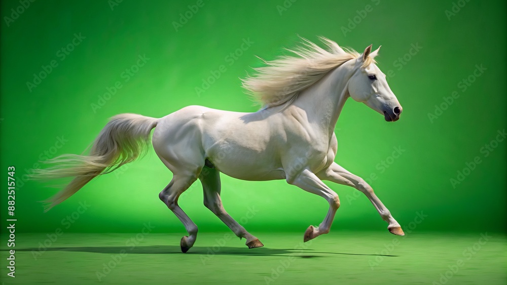 Majestic white horse galloping in front of a lush green screen background, perfect for visual effects and compositing projects.