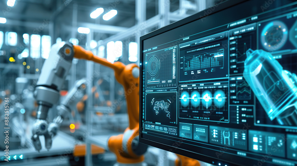 A computer display with a modern factory floor in the background A computer display with a modern factory floor in the background