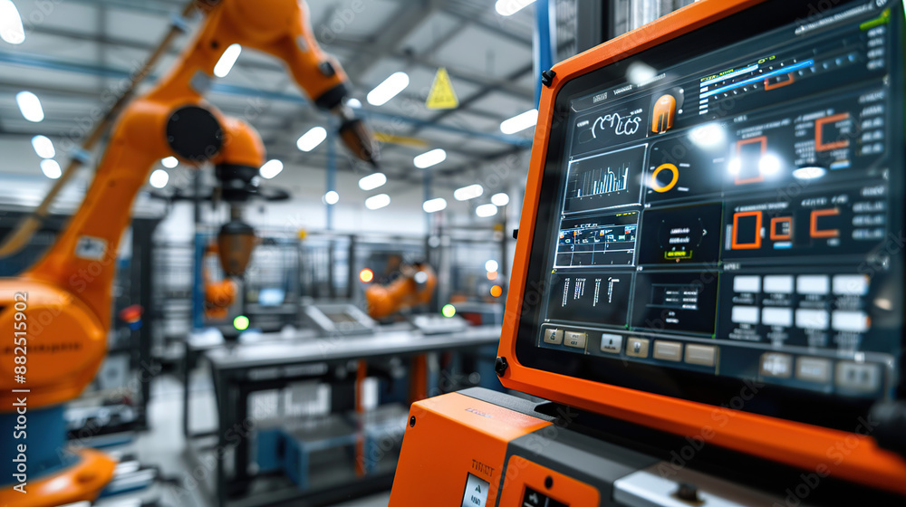 A computer display with a modern factory floor in the background A computer display with a modern factory floor in the background