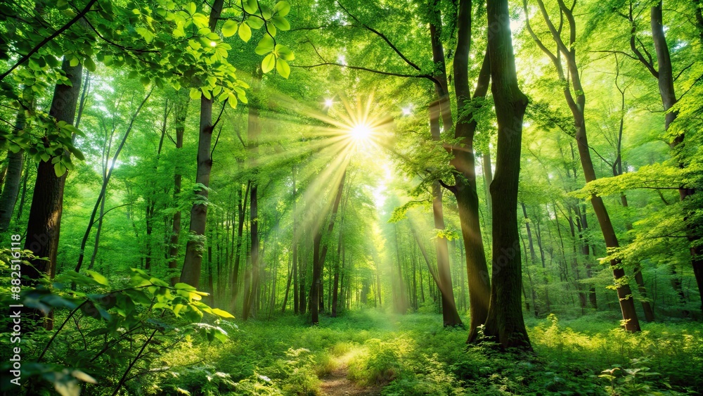 Fototapeta premium Sunlight filtering through lush green foliage in a peaceful forest setting , nature, trees, forest, sunbeams, tranquility