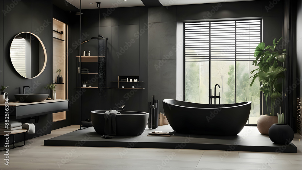 Sleek black bathroom with contemporary fixtures Sleek black bathroom with contemporary fixtures