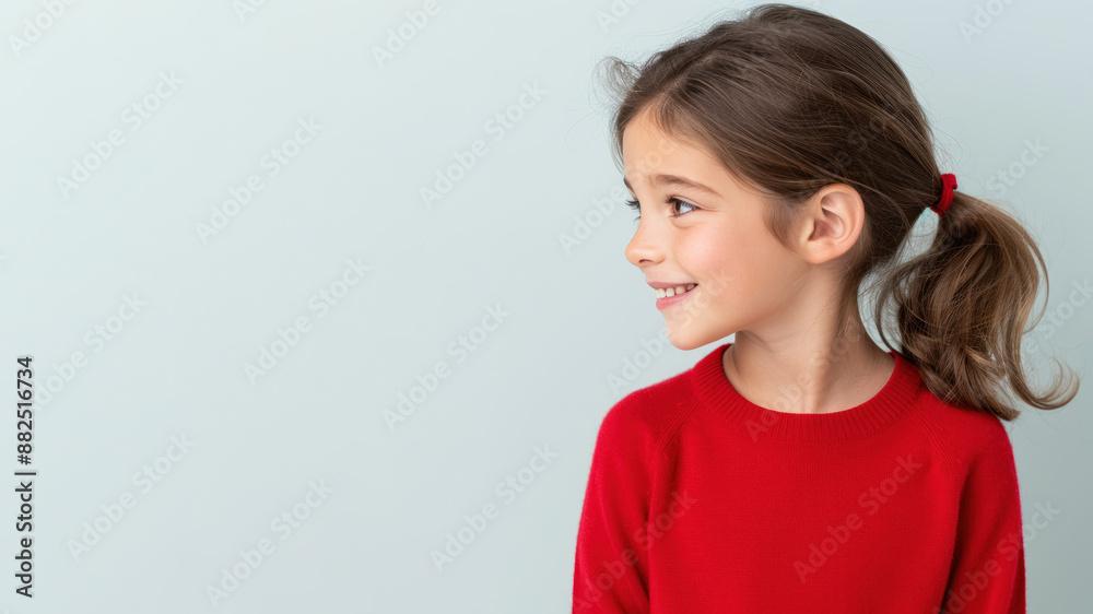 Canadian girl in red sweater smile to copy space for text for advertising Canadian girl in red sweater smile to copy space for text for advertising