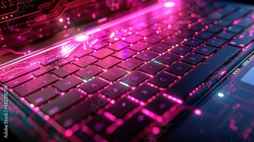 Close-up shot of a laptop keyboard with vibrant pink digital lights. Perfect for technology or cybersecurity themes.