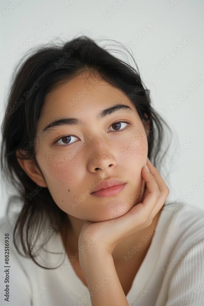 Calm, confident young woman with freckles and dark hair poses in a white t-shirt, resting her chin on her hand, exuding natural beauty and empowerment in a serene studio setting Calm, confident young woman with freckles and dark hair poses in a white t-shirt, resting her chin on her hand, exuding natural beauty and empowerment in a serene studio setting