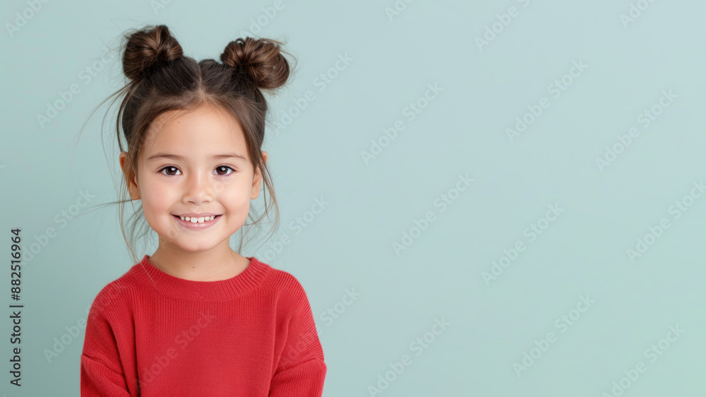 Hispanic girl in red sweater smile to copy space for text for advertising Hispanic girl in red sweater smile to copy space for text for advertising