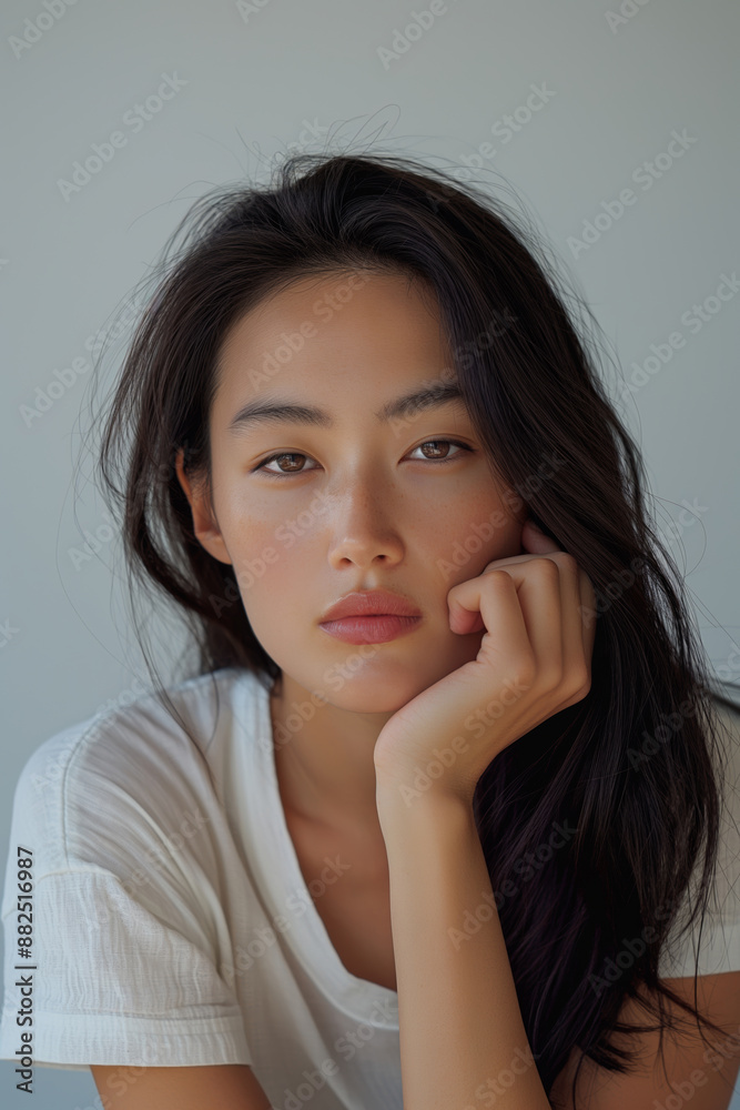 Stunning young woman with long dark hair strikes a pose in a stylish studio, exuding elegance and beauty. The serene expression on her face makes her perfect for fashion concepts Stunning young woman with long dark hair strikes a pose in a stylish studio, exuding elegance and beauty. The serene expression on her face makes her perfect for fashion concepts