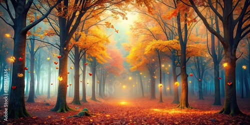 Surreal autumn forest with glowing trees, floating leaves, vibrant colors, autumn, forest, surreal, glowing, trees, leaves