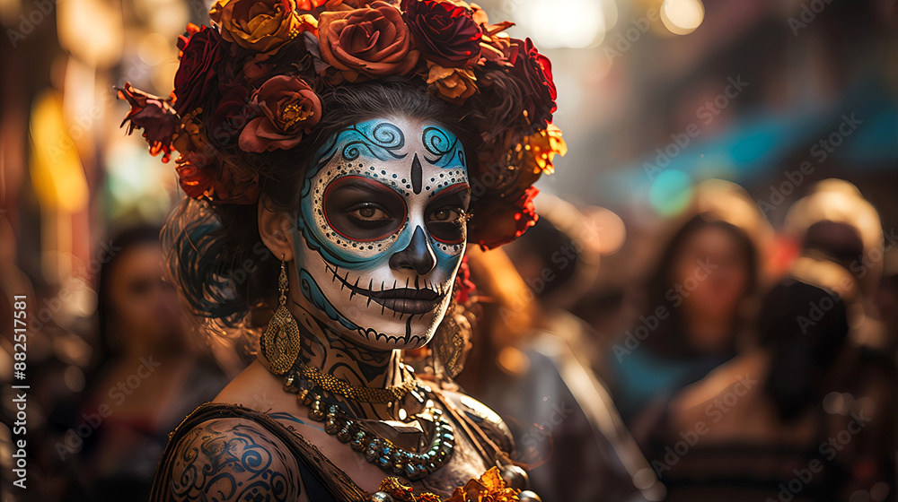 Mexican catrina. Woman dressed up and made up as Catrina on the street with diffuse background with copy space. Day of the Dead, Mexican holiday. Culture and Religion. Mexican catrina. Woman dressed up and made up as Catrina on the street with diffuse background with copy space. Day of the Dead, Mexican holiday. Culture and Religion.