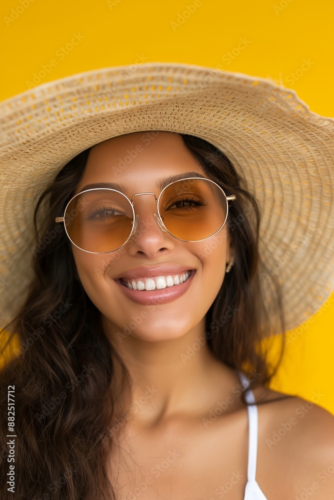 Fototapeta premium Young woman in a straw hat and sunglasses smiles happily in the sun. She exudes summer joy against a yellow backdrop, embodying trendy glamour