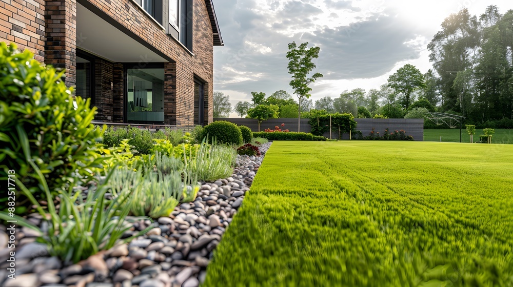 Grassy lawn with lush plants growing in backyard of modern brick house against cloudy sky in daytime. 