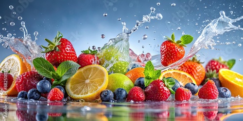 Vibrant fruits splashing in water creating a refreshing and colorful display, fresh, tropical, splash, vibrant, colorful © Sujid