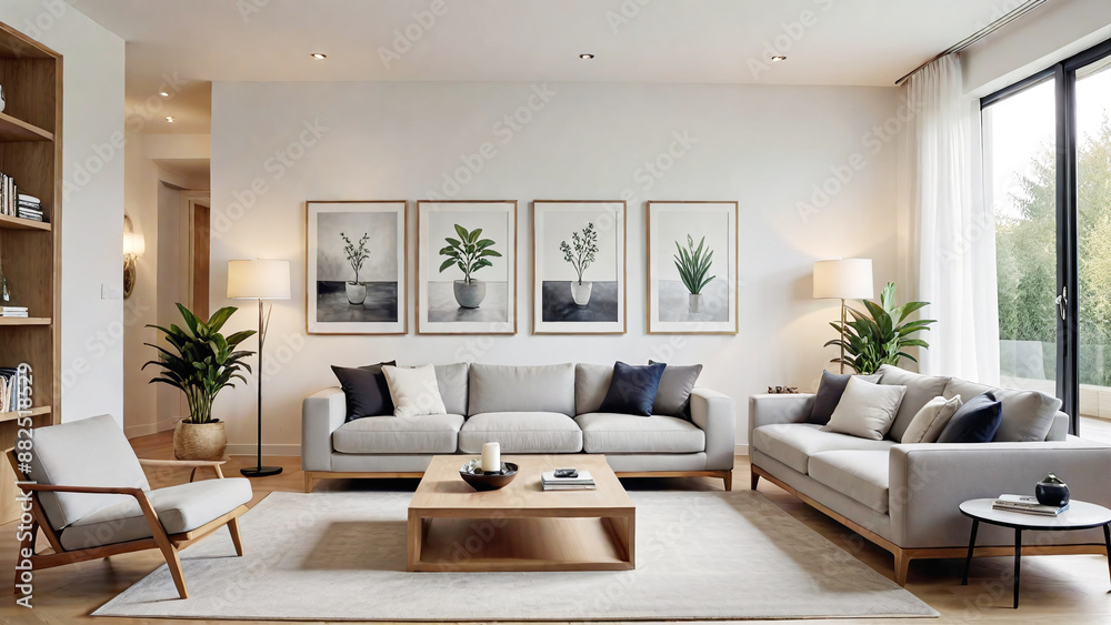 Interior of modern living room with sofa, coffee table and plants Interior of modern living room with sofa, coffee table and plants