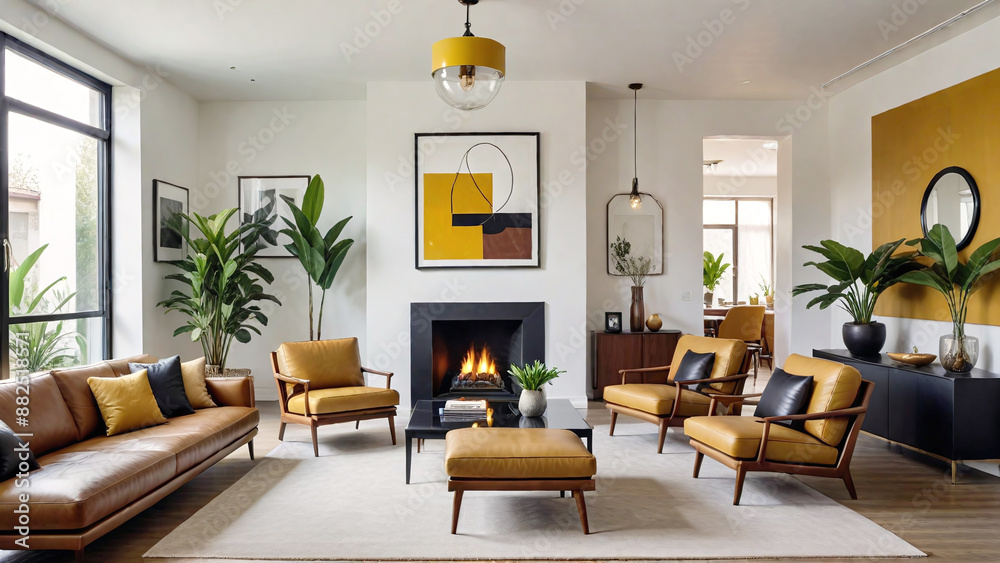 Interior of modern living room with fireplace, armchairs and plants Interior of modern living room with fireplace, armchairs and plants