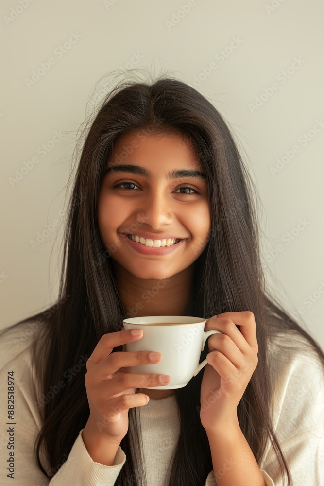 Young woman with long dark hair smiles while holding a white cup of steaming coffee or tea, enjoying a moment of relaxation and pleasure at home Young woman with long dark hair smiles while holding a white cup of steaming coffee or tea, enjoying a moment of relaxation and pleasure at home