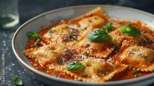 Close-up of a gourmet spinach and ricotta stuffed ravioli in a savory tomato cream sauce, topped with fresh basil chiffonade and Parmesan cheese, elegantly plated on a white porcelain dish against a