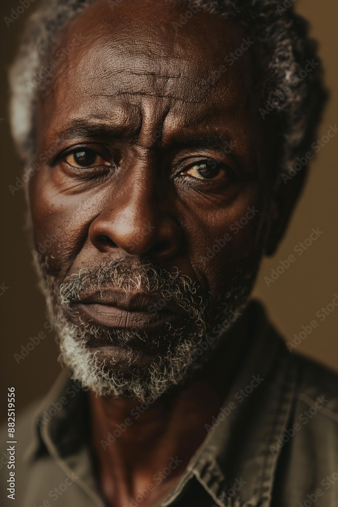 Close-up of a wise senior african american man with a grey beard. Wearing a collared shirt. Showcasing his contemplative expression and thoughtful gaze Close-up of a wise senior african american man with a grey beard. Wearing a collared shirt. Showcasing his contemplative expression and thoughtful gaze