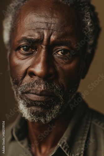Close-up of a wise senior african american man with a grey beard. Wearing a collared shirt. Showcasing his contemplative expression and thoughtful gaze