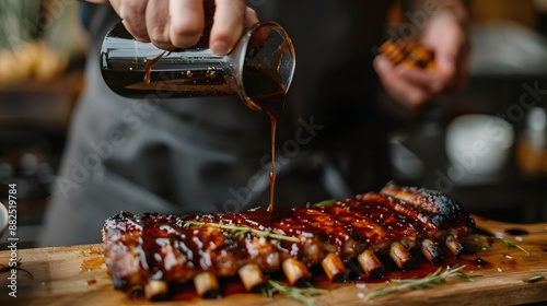 High angle of anonymous cook pouring barbecue on grilled ribs placed on wooden chopping board against blurred background. 