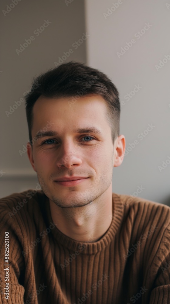 Cheerful young man in his 20s with brown hair and blue eyes smiles happily in a portrait indoors, exuding confidence and positivity against a neutral background Cheerful young man in his 20s with brown hair and blue eyes smiles happily in a portrait indoors, exuding confidence and positivity against a neutral background