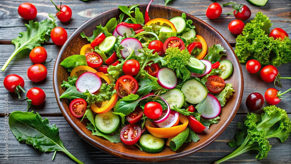 Vibrant wild herb salad with Lupino, cucumber, cherry tomatoes, red bell peppers, and radishes, salad, wild herbs