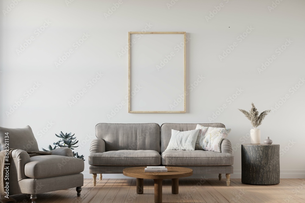 Fototapeta premium Home interior with poster mockup, Scandinavian modern style, 3d render