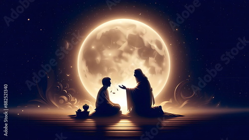 a silhouette of Guru Purnima blessing a disciple in front of the moon