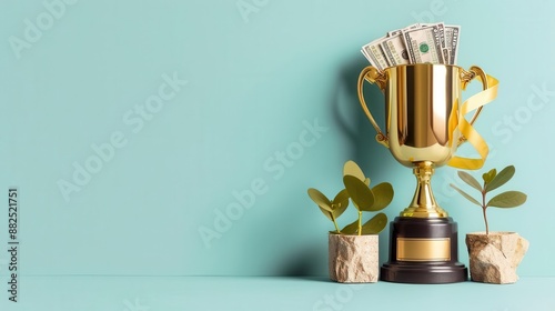Gold bar trophy with dollar ribbon, financial achievement, flat design illustration