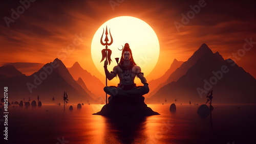 a silhouette of lord shiva with a spear sitting during sunset
