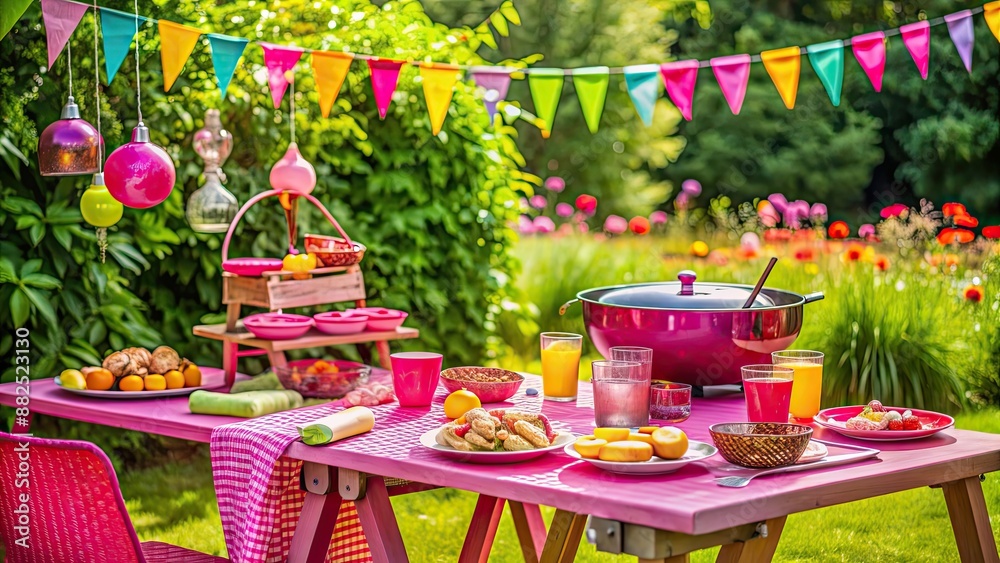 Obraz premium Vibrant and trendy pink BBQ set-up with colorful decorations and stylish tableware, BBQ, Affair, Pink, Trendy, Tastes
