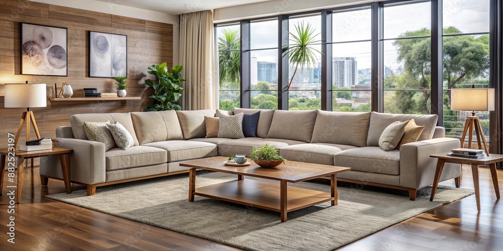Spacious sectional sofa and coffee table in a modern living room , lounge, comfort, relaxation, home, interior, furniture Spacious sectional sofa and coffee table in a modern living room , lounge, comfort, relaxation, home, interior, furniture