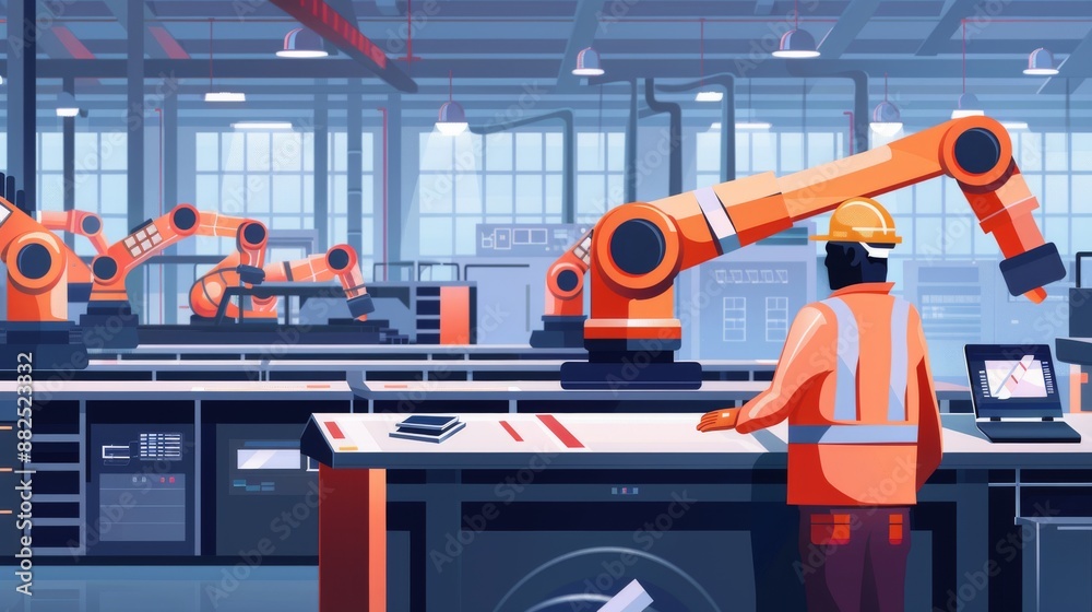 Factory Worker with Robotic Arms in a Modern Industrial Setting