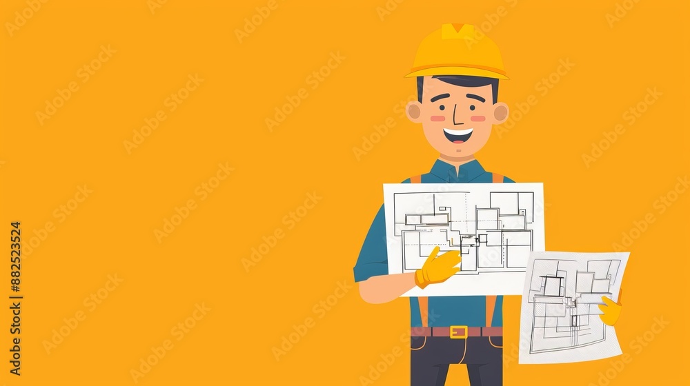 Smiling Construction Worker Holding Blueprints Smiling Construction Worker Holding Blueprints