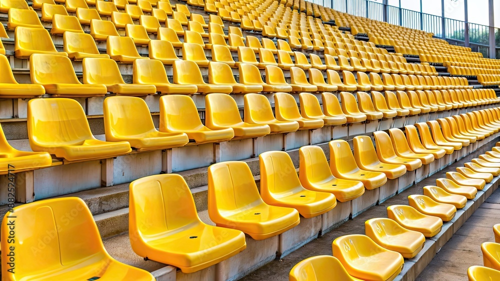 Fototapeta premium Yellow plastic chairs in the stands of an outdoor stadium, yellow, plastic, chairs, stands, outdoor, stadium, seating, rows, sports