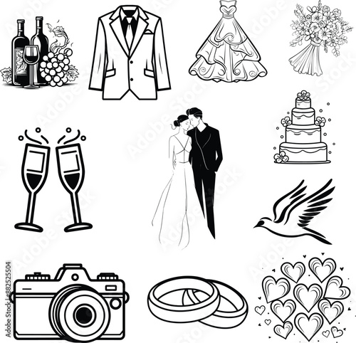 wedding icon pack, wedding plan icon, silhouette black and white collection 
