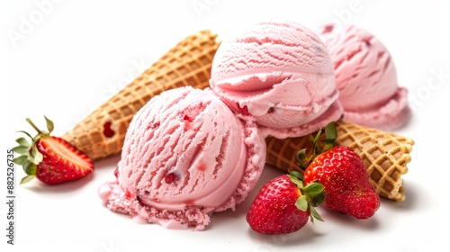 Pink strawberry ice cream scoops served on a waffle cone isolated on white