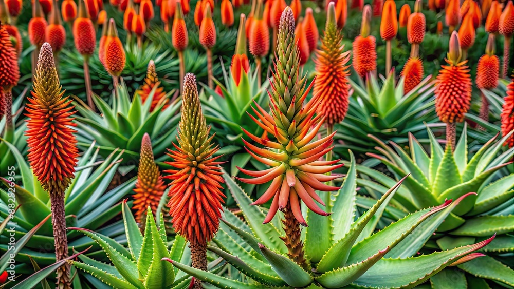 Fototapeta premium Vibrant pattern of blooming aloe vera plants with delicate flowers and spiky leaves , aloe vera, plants, bloom, vibrant